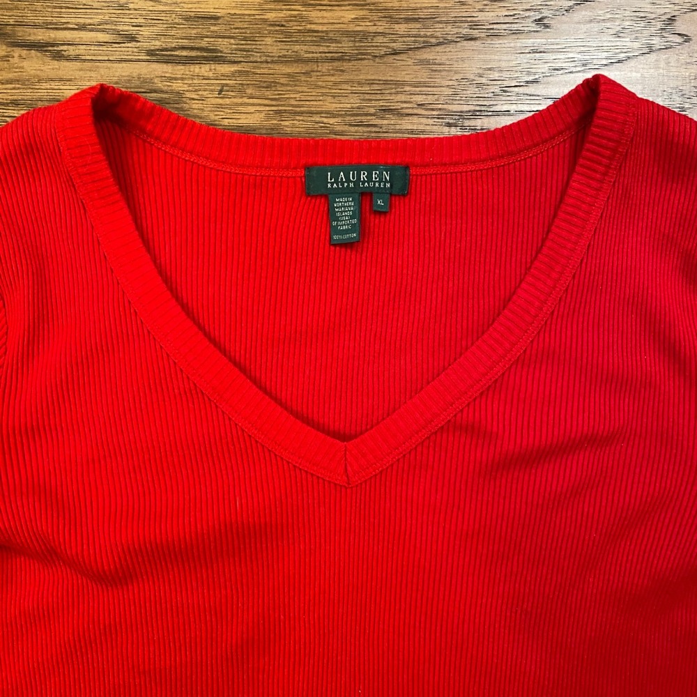 Lauren Ralph Lauren Red Ribbed V-Neck Short Sleeve Cotton Top XL